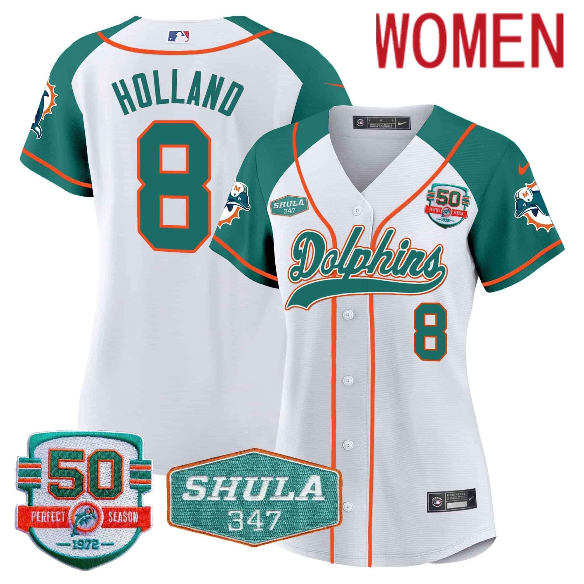 Women Miami Dolphins #8 Holland White 2024 Nike 50th Don Shula Memorial Patch Baseball NFL Jersey style 1